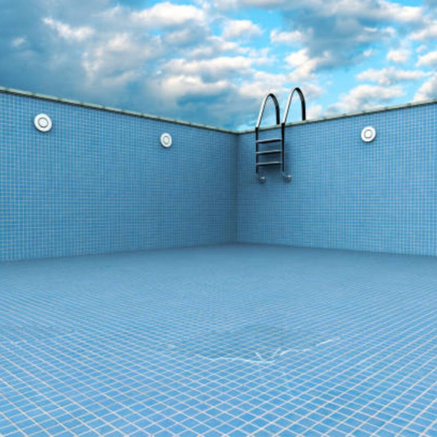 3D rendering of an empty swiming pool with the last drop of water.